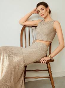 Uhlyne Modisches ärmelloses gestricktes Crew Neck Fitted Top und asymmetrischer Saum Rock Zwei-Teiler Set, einfacher eleganter Stil für Frauen - Khaki - Übersicht 1