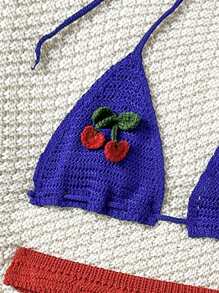 Swim Mod Cherry Decor Crochet Bikini Set, Fashion Casual Vacation Wear, Women Sexy Holiday Beach Fruit Halter Knit Top And Bottom 2 Pieces Set, Color Block Summer Beach Cover Up - Multicolor - View 3