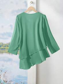 EMERY ROSE 女士度假休闲纯色双层不对称下摆长袖衬衫 - 綠色 - 查看 2