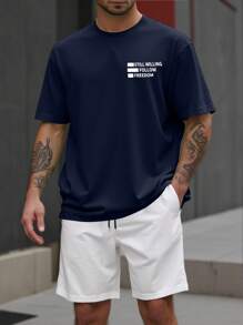 Manfinity Homme Men's Casual Outfit Including Navy Blue Short Sleeve T-Shirt With "Still Willing To Follow Freedom" Graphic Print, Paired With White Sports Shorts. Fashionable And Elegant, Also Makes A Great Gift For Boyfriend. Men's Shorts Set, Plus Size Men's 2-Piece Outfit, Travel Set.