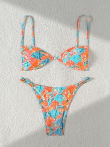 Swim Mod 2 Pieces Lime Green Random Shell Print Gold Accent Spaghetti Strap Tankini Top And Bikini Bottom Sexy Swimsuit Set For Women For Summer Beach Vacation - Multicolor - View 3