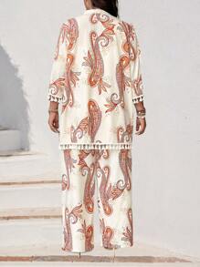 SHEIN Tall 2pcs/Set Plus Size Women Digital Print Open Front Top And Pants Set - Multicolor - View 2