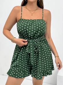 SHEIN Essnce Plus Size Women's Spring And Summer Fashion Casual Comfortable Cool Daily Green Polka Dot Waist Suspender Jumpsuit Shorts, Ruffled Shorts,Curve Cute Clothes,Flowy Jumpsuit Shorts,Beach Outfits For Woman,Vacation Outfits,Boho,Cruise Outfits,Hawaii Outfits Women,European Summer,Ibiza - Green - View 7