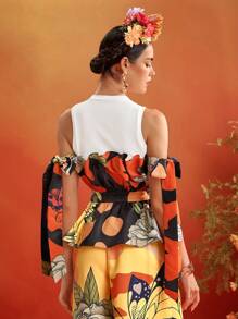 ISELACOS Frida Kahlo X SHEIN X Designer 印花夸张荷叶边插片背心，肩部系带细节，女式夏季上衣 - 彩色 - 查看 2