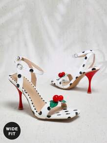 SHUZIA 宽版女士波尔卡圆点印花踝带细高跟凉鞋，樱桃装饰，圣诞节