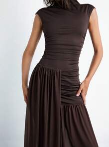 SHEIN X LOS FAVORITOS DE ANA GONZALEZ Maija Đầm nữ màu nâu mocha xếp lớp, phối lưới, kiểu dáng thời trang, thanh lịch, thích hợp cho tiệc tùng và đi làm trong thành phố, ra mắt mùa hè 2025. - màu nâu - Xem 4