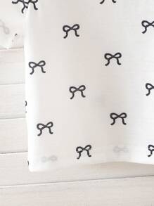 Baby Mädchen Koreanische Mode lässige süße Rundhalspulli mit Digitalprint und Schleife, dazu einfarbige gestrickte Shorts, Sommer