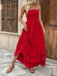 Breezaya Women's Elegant Boho Strapless Bubble Dress Holiday Beach Red Summer - Red - View 4