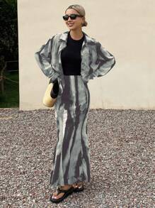 DAZY 2 件套女士印花度假休闲衬衫和裙子，秋季女装 - 水鴨藍 - 查看 3