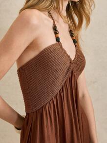 Écloséra Elegant French Retro Halter Neck Wear Rope Beads Knitted Splicing Woven Slim Fit Rust Brown Spring And Summer Ladies Summer Dress