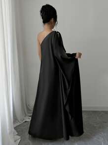 Elenzga 女式不对称领口蝙蝠袖连衣裙 - 黑色 - 查看 3