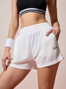 Gameset SHEIN Sport 女式春夏个性化标语印花纹理华夫格面料弹性腰部运动短裤健身短裤 - 白色 - 查看 3