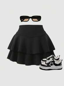 Mallas/shorts para adolescentes/niñas estilo casual, deportivo, baile, fitness, versátil y de múltiples capas - Negro - Ver 4