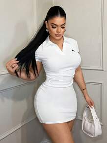 SHEIN SXY Collared Simple Casual Business Embroidered Dress, Women Short Dresses Summer, Women Clothes, Women Summer Clothing, Women Casual Dress, Summer Dresses For Women, Business Casual Woman, Going Out Tops Women, Old Money, Teacher For Women, White Mini Dress, White Polo Dress, White Bodycon Dress, Teacher - White - View 5