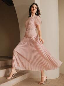 Anewsta 女士优雅约会之夜短袖褶皱泡泡袖花卉串珠长裙，腰部细节，面料拼接，春夏节/毕业 - 粉色 - 查看 7