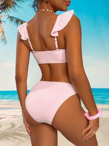 Swim Mod 2件套女士纯色条纹荷叶边可爱比基尼套装