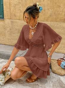 SHEIN Frenchy Women's Vacation Casual Solid Color Lace Patchwork Ruffle Hem Short Dress Summer Brown - Brown - View 1