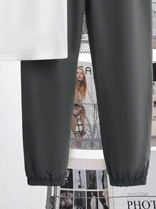 SHEIN 青少年男孩夏季休闲羽毛印花T恤和裤子两件套 - 深灰色 - 查看 5