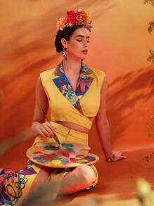 Israel Jasso Frida Kahlo X SHEIN X Designer 黄色花卉印花翻领丝带短款上衣女款夏季度假 - 彩色 - 查看 1