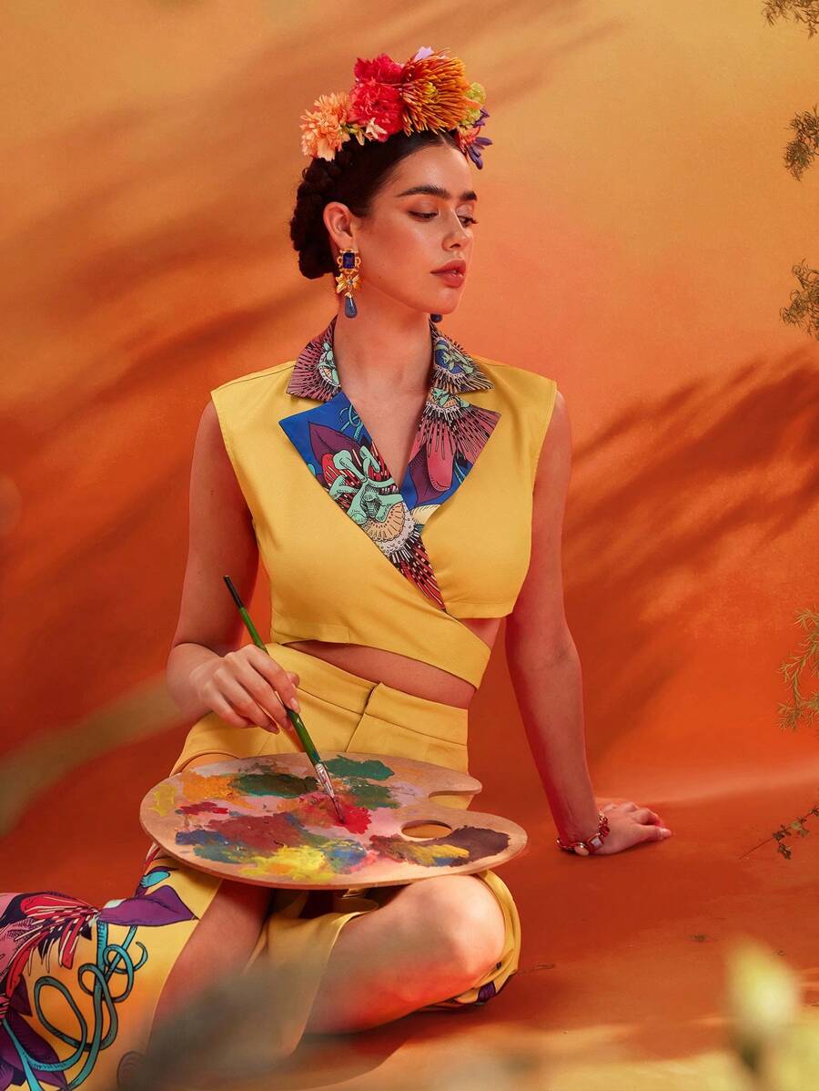 Israel Jasso Frida Kahlo X SHEIN X Designer 黄色花卉印花翻领丝带短款上衣女款夏季度假 - 彩色 - 查看 1