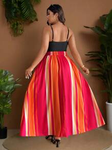 Sunserae Plus Size Women V-Neck Sling Striped Print Split Hem Dress Tropical Colorblock Floral Print Boho Vacation Fashionable Style For Summer - Hot Pink - View 2