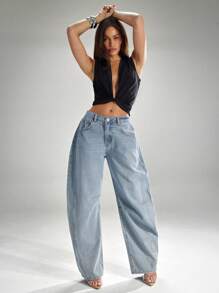 Denimoi 女式休闲宽松筒形牛仔裤，带口袋，百搭 - 淺色水洗藍 - 查看 5