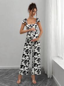 Momance Women's Floral Print Strapless Jumpsuit, Fashion Summer Maternity Vacation Wear - Apricot - View 5