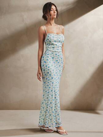 L'Amorae Women Ditsy Mesh Print Maxi Dress With Lace Up Back Detail Summer Vacation Simple Casual