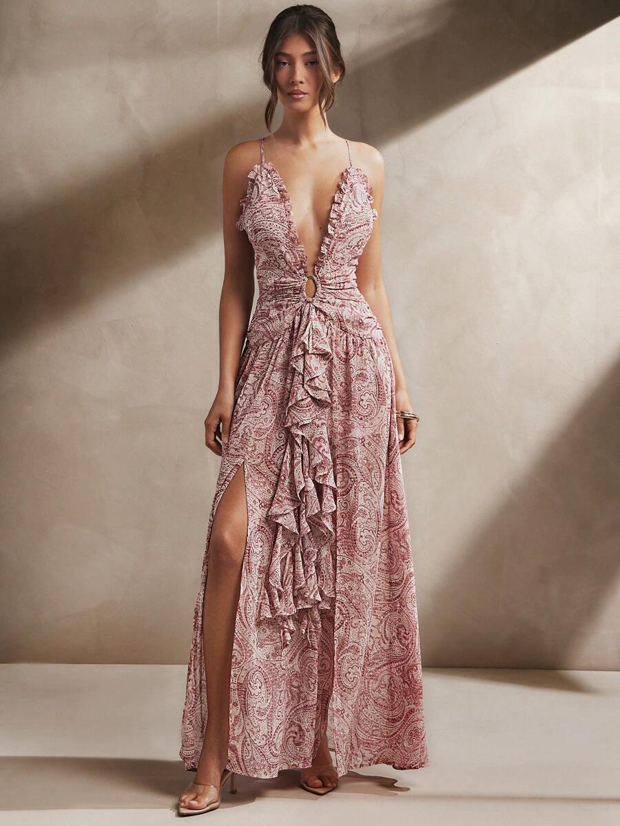 L'Amorae Elegantes, sexy Damen-Maxikleid im Boho-Stil mit ärmellos, tiefem Ausschnitt, Rüschendetails und Paisley-Muster aus Chiffon, seitlichem Schlitz, Sommeroutfit für Damen, Strandoutfit für Damen, 4. Juli Outfits
