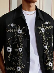SWAVVY 男士时尚休闲梭织花卉刺绣宽松短袖纽扣衬衫，适合夏季日常穿着 - 黃色 - 查看 6
