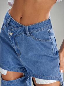 Denimoi Exposed Pockets Asymmetrical Hem Relaxed Fit Denim Jeans - Medium Wash - View 3