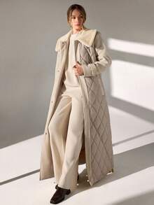 CLARA VERO Apricot Long Fur Collar Medium Long Sleeve Thickened Jacket, Lightweight And Warm, Basic Jacket - Cream - View 5
