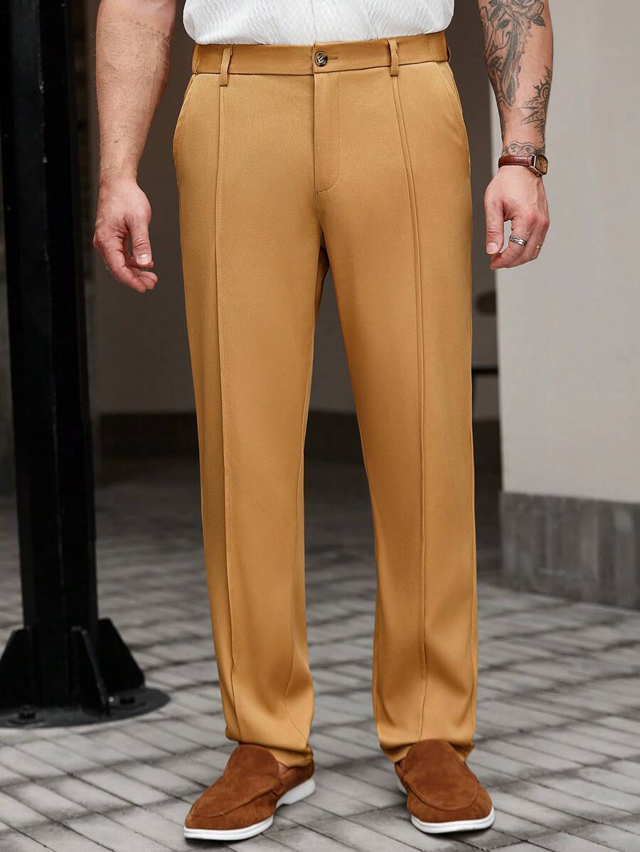 Manfinity Homme Quần âu nam ống đứng thiết kế sọc tăm màu trơn cho nam Quần âu nam Quần âu nam Quần âu nam Quần âu nam - Màu Khaki - Xem 1