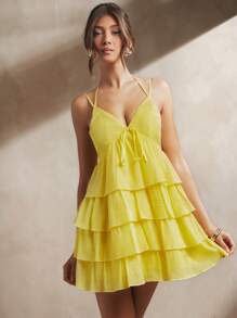L'Amorae Women's Elegant Double Strap Sleeveless Tie Front Tiered Ruffle Flowy Yellow Mini Dress, Summer Outfits For Women, Beach Outfits For Women, 4th Of July Outfits - Yellow - View 2