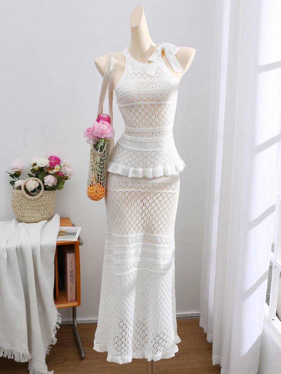 SHEIN Clasi 2 pezzi: Top a maglia con scollo ad aletta donna monocolore con volant sul fondo e gonna a rete color mermaid