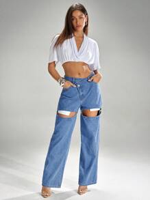 Denimoi Exposed Pockets Asymmetrical Hem Relaxed Fit Denim Jeans - Medium Wash - View 2