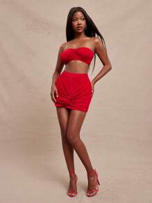 NYA SZN High Rise Solid Color Ruche Twist Knot Event Skirt Party Club Music Concert Festival Fall Summer Statement Festival Kings Day For Women - Red - View 3