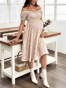 SHEIN Robe mi-longue décontractée avec manches courtes froncées et imprimé pour femmes enceintes - Multicolore - View 7