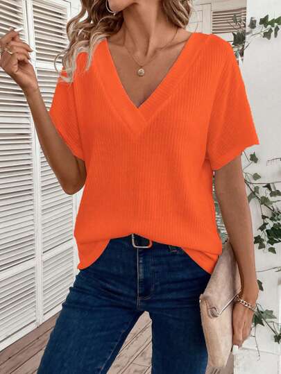 SHEIN LUNE Casual Solid Color V-Neck Batwing Sleeve T-Shirt, Summer