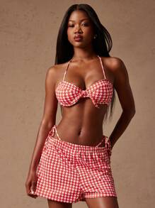NYA SZN Women's Red And White Polka Dot Three Pieces Gingham Push Up String Bikini Short Cheeky Set,Summer Casual Pool Party Vacation Holiday Swimwear - Red - View 1
