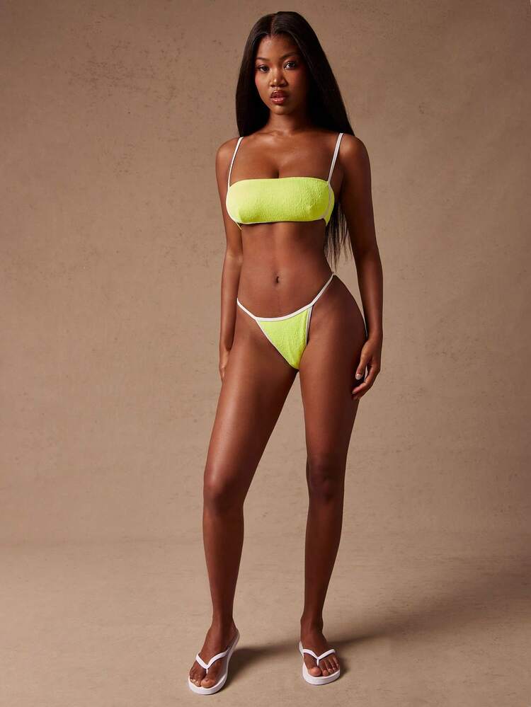 SHEIN Unity Áo bikini viền màu cho nữ, đồ bơi đi nghỉ/bãi biển - màu xanh lá - Xem 3