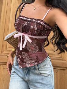 Sunnyshic 女式夏季度假佩斯利网布印花丝带装饰不对称下摆吊带上衣 - 彩色 - 查看 3