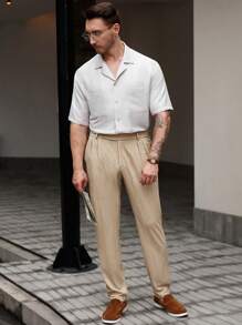 Manfinity Homme 男士条纹百褶直筒宽松休闲裤 - 米色 - 查看 4