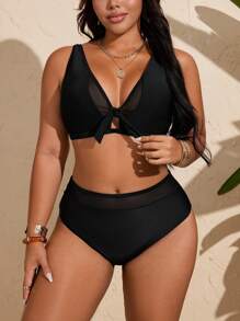 SHEIN Swim Curve 女士黑色露背泳衣套装，含三角形上衣和高腰短裤，适合夏季海滩 - 黑色 - 查看 4