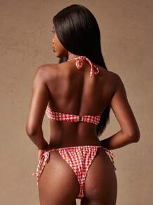 NYA SZN Women's Red And White Polka Dot Three Pieces Gingham Push Up String Bikini Short Cheeky Set,Summer Casual Pool Party Vacation Holiday Swimwear - Red - View 7