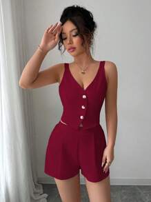 Chiquease Conjunto de 2 piezas para mujer compuesto por blusa top con abertura y botones delanteros en color liso estilo minimalista y casual + pantalones cortos