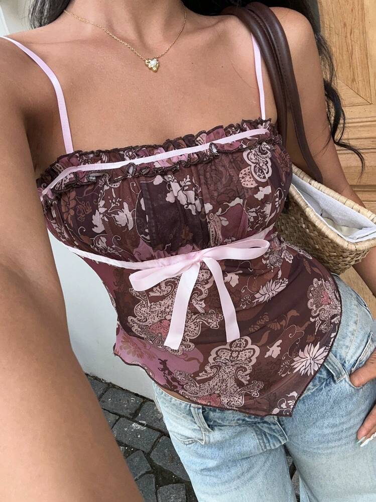 Sunnyshic Women's Summer Vacation Paisley Net Fabric Print Ribbon Decor Asymmetrical Hem Cami Top - Multicolor - View 7