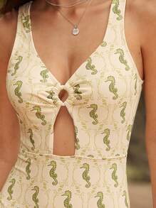 WESTFADE Summer Seahorse Print V Neck O Ring Cut Out Front Fitted High Cut Leg Cute Bow Tie Backless One Piece Swimsuit Boho Nashville Pool Day Monokini Outfit Casual Cute Elegant Beach Vacation