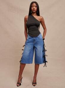 NYA SZN Weite Jeans-Shorts, Jorts, Baggy, Oversized, Denimhose ohne Stretch, Hose mit Schleife, Arbeitskleidung, Lässig, Klassisch, Dezent, Alltag, Ausgehen, Urlaub, Sommer für Frauen