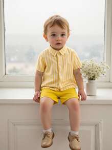 Souflis Souflis Conjunto de 2 piezas de camisa con estampado de rayas de bloques de color y pantalones cortos lisos para niños, look de caballero, conjunto para usar en verano en el diario y en fiestas - Amarillo - Ver 3